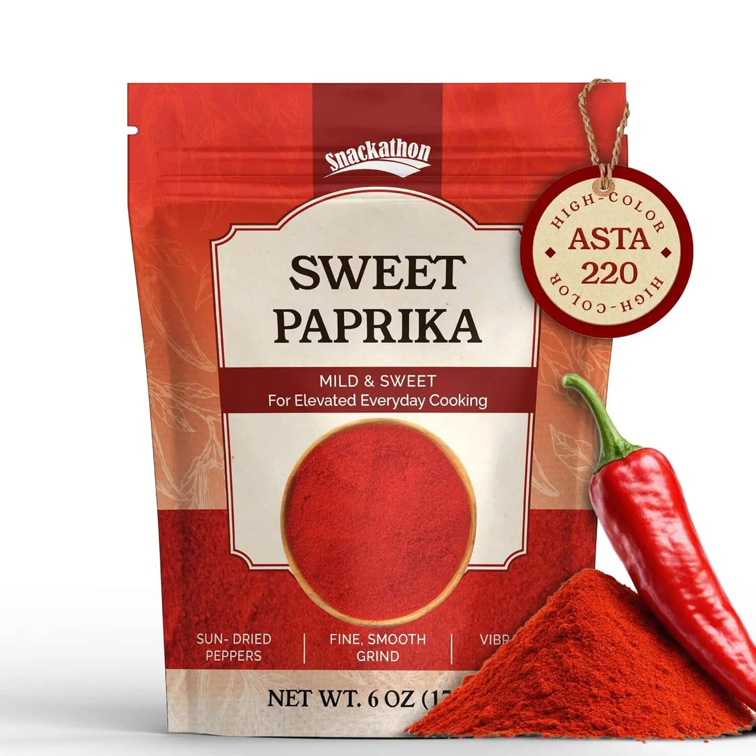Snackathon Sweet Paprika Powder, Resealable Bag, High Color ASTA 220, Vibrant Red, Mild & Sweet, 100% Pure All-Natural, Fine & Smooth Gourmet Spice
