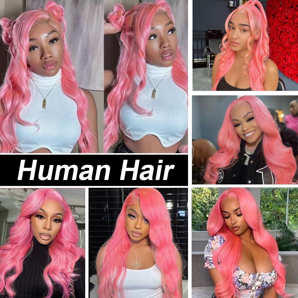 Pink Lace Front Wig Human Hair Body Wave 30 Inch Hot Pink 180% Density HD Transparent Lace Frontal Glueless for Women Natural Look Seamless Hairline Vibrant Style & Color