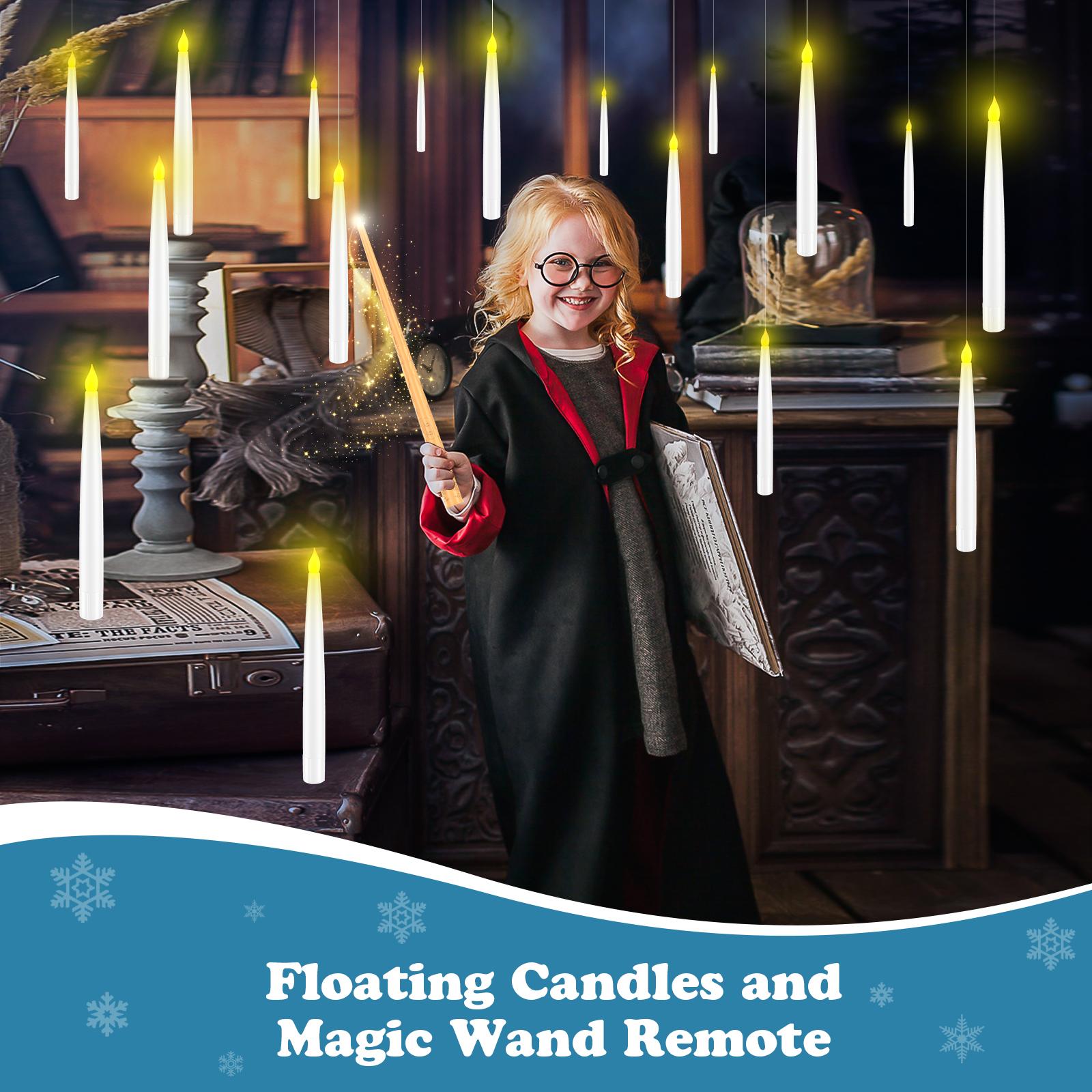 Flameless Candles with Magic Wand Remote for Christmas Decor, 6.6" Floating Candles Battery Operated Hanging Window Candles, Flickering Electric LED Candle for Christmas Halloween Decorations