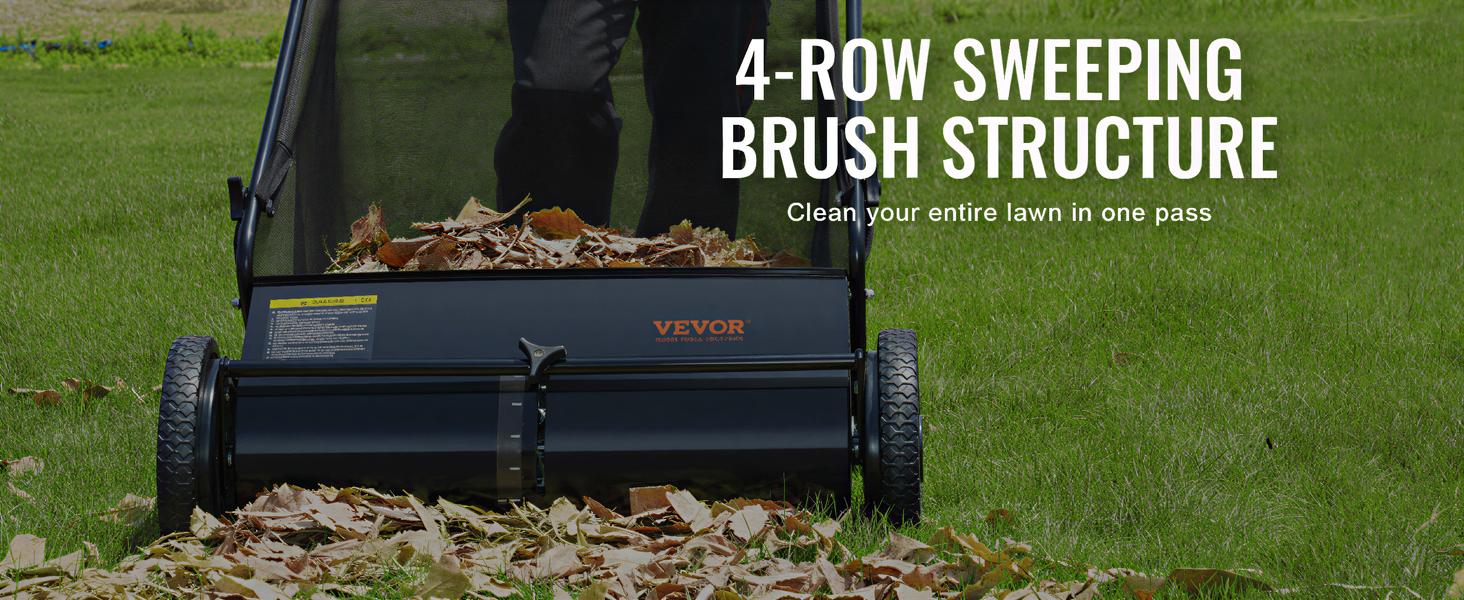 VEVOR Push Lawn Sweeper, 26 inch Leaf Grass Collector, Strong Plastic Wheels Heavy Duty Thickened Steel Durable to Use with Large Capacity 3.5 cu. ft. Mesh Collection Hopper Bag, 2 Spinning Brushes