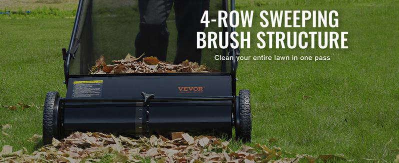 VEVOR Push Lawn Sweeper,26 Inch  Leaf Grass Collector, Strong Rubber Wheels Heavy Duty Thickened Steel Durable to Use with Large Capacity 7 ft Mesh Collection Bag, 4 Spinning Brushes