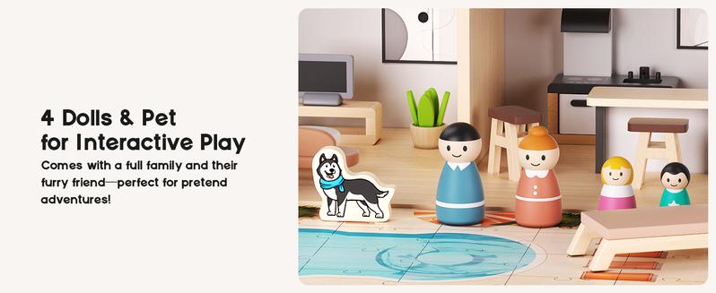 BIERUM Large Modern Wooden Dollhouse with 49Pcs Furniture, Dolls & Pets，DIY Puzzle Pool & Yard, Ideal Gift for Boys & Girls 3+