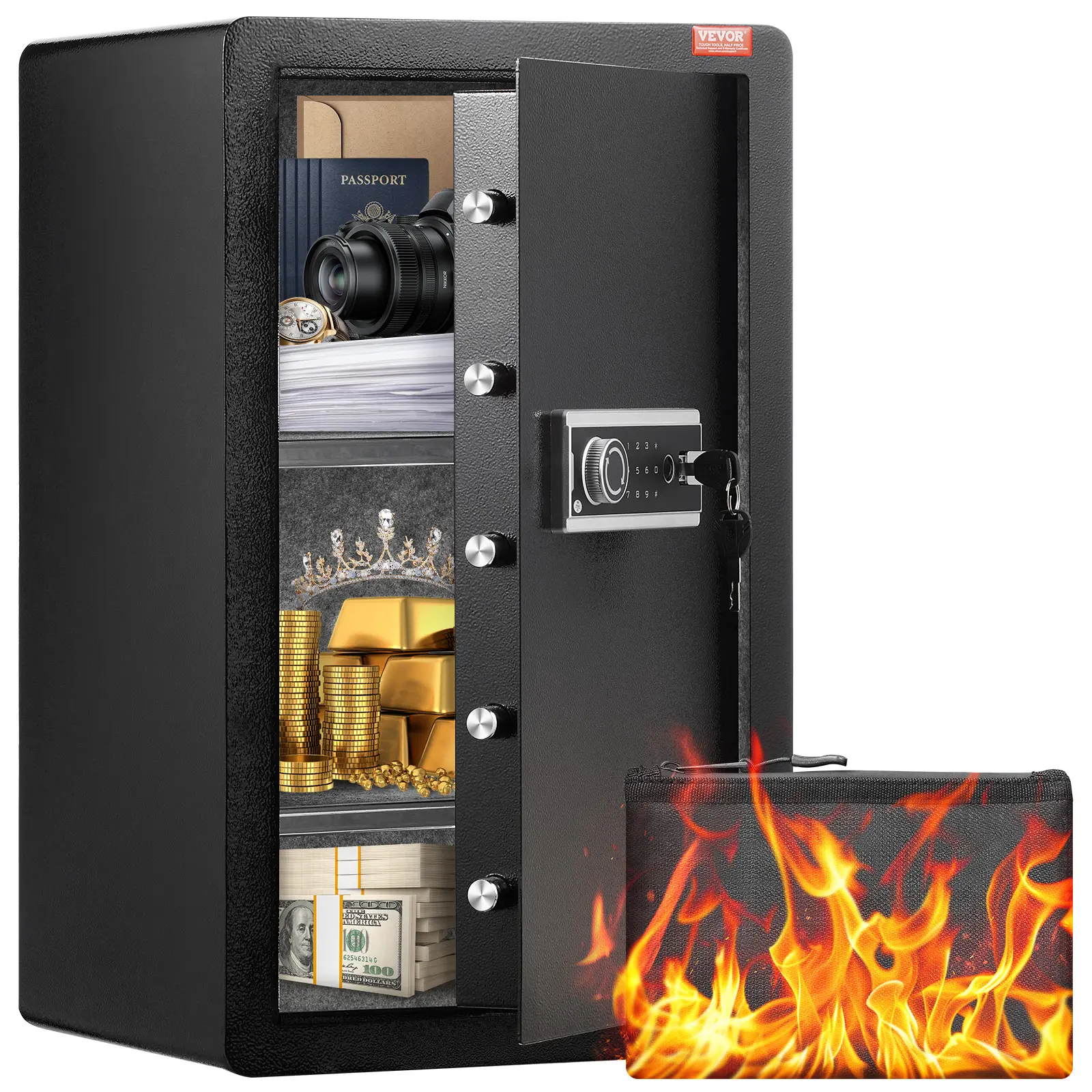 【Summerfinds】VEVOR 4.0 cu.ft Single Door Biometric Vault Safe Box - Anti-Theft High Security Safe with Key Lock, Password Lock, Fireproof Bag, Key Rack, LED Light & 2 Shelves for Money, Documents, Jewelry & Valuables (Black), Anti Theft Safes