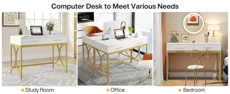 【BTS ONLY】Tribesigns 41" Computer Desk with 2 Drawers, Modern Study Writing Desk with Metal Frame for Home Office, Bedroom, White & Gold