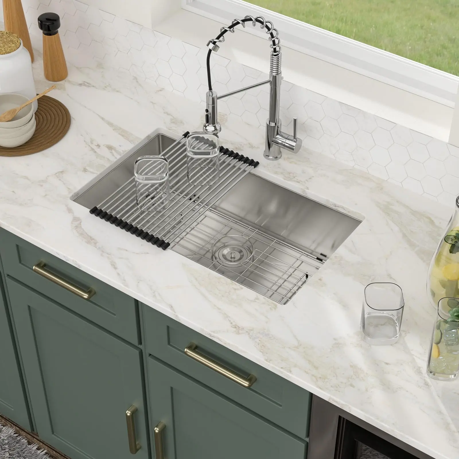 Logmey 30" x 18" x 9" Undermount Kitchen Sink Complete Kit - 16 Gauge Heavy Duty Handmade Stainless Steel Basin, Scratch Resistant, Dent Resistant, Quiet Guard, Anti-Condensation with Bottom Rinse Grid for Home Renovation