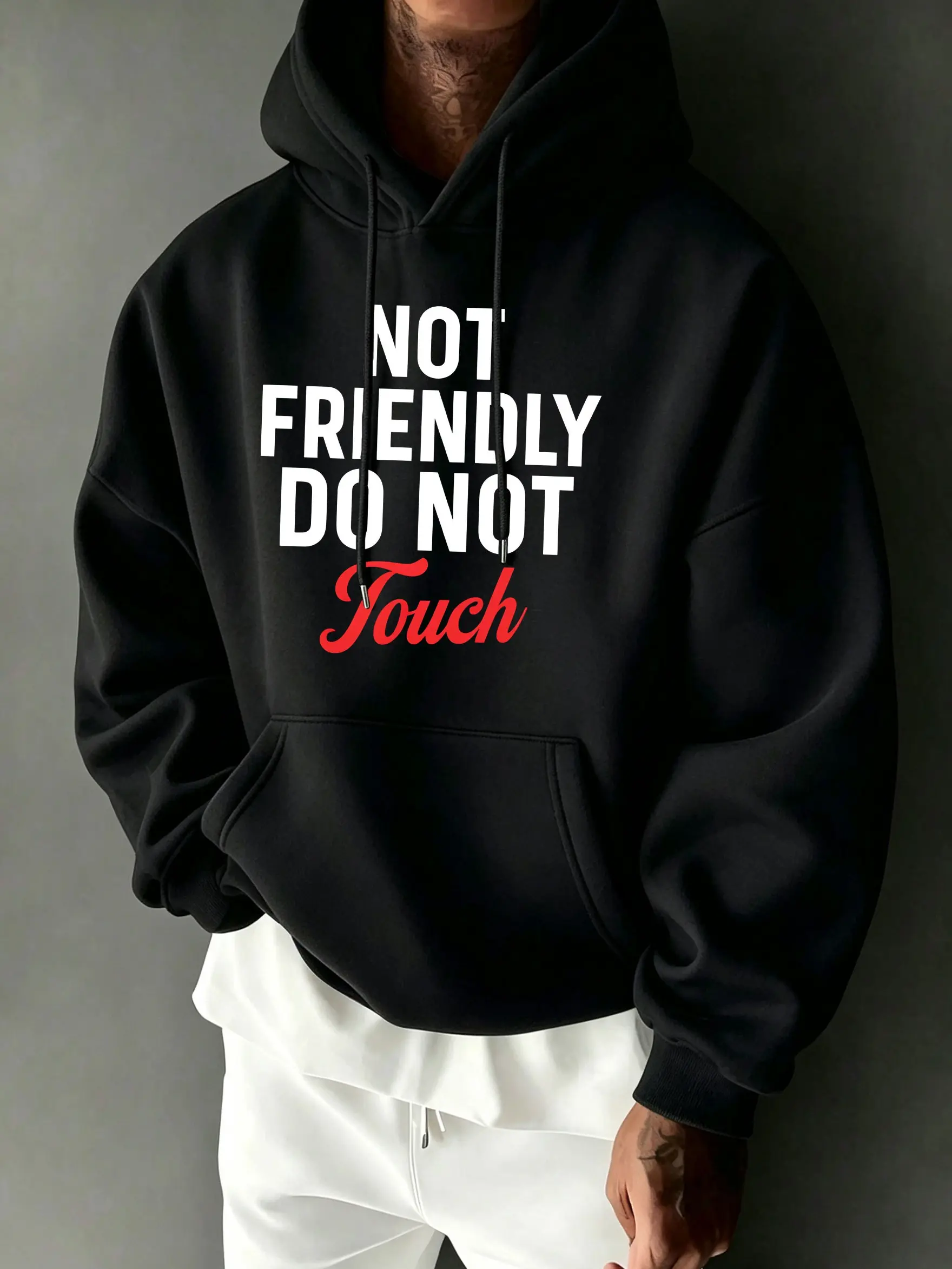 Men's Unisex Oversized Long-Sleeve Hoodie Pullover Top - Quirky Slogan Chest Print, Trendy Sweatshirts