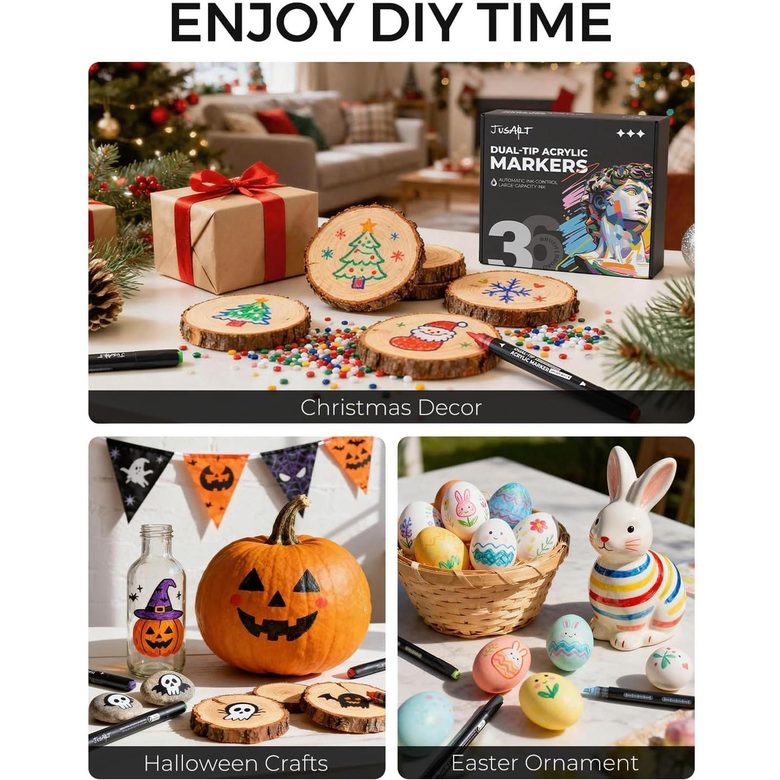 JusArt 36/60 Colors Automatic Ink Control Acrylic Paint Markers Dual Tip with Broad Tip and Brush Tip Pens for Ceramic, Wood, Canvas, Glass, Stone, Fabric, Rock Painting, DIY Crafts Art Supplies Kit