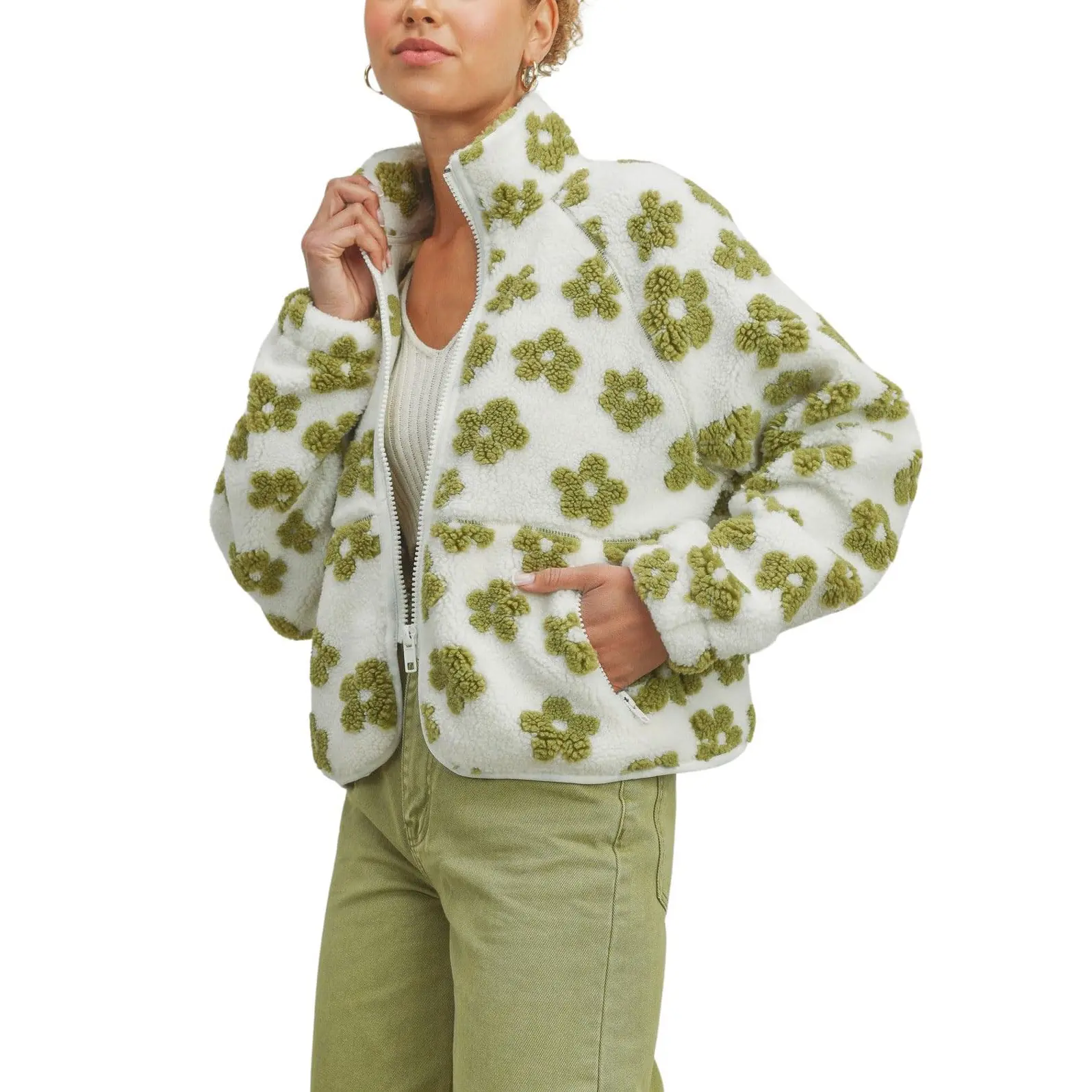 Chouyatou Women's Cute Floral Pattern Sherpa Jacket Y2k Casual Floral Plush Zipper Jacket with Pockets,back to school,back to school shopping