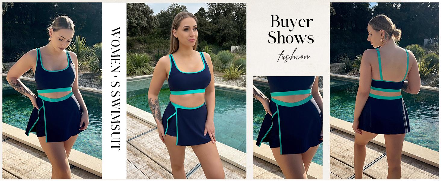 【S-2XL】Hanna Nikole Bikini Sets for Women Color Block Swimsuits with Side Slit Swim Skirt SpringStatements
