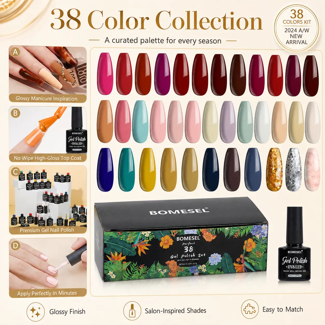 BOMESEL 38 Colors Gel Nail Polish Set - UV LED Soak Off Kit with High-Gloss Shine, Rich Pigment, Shimmer for Nail Care, French, Salon & Daily Use, Glossy