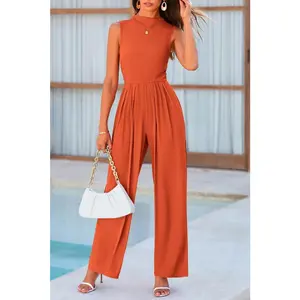 Ladies Elegant Mock Neck Sleeveless Wide Leg Jumpsuit