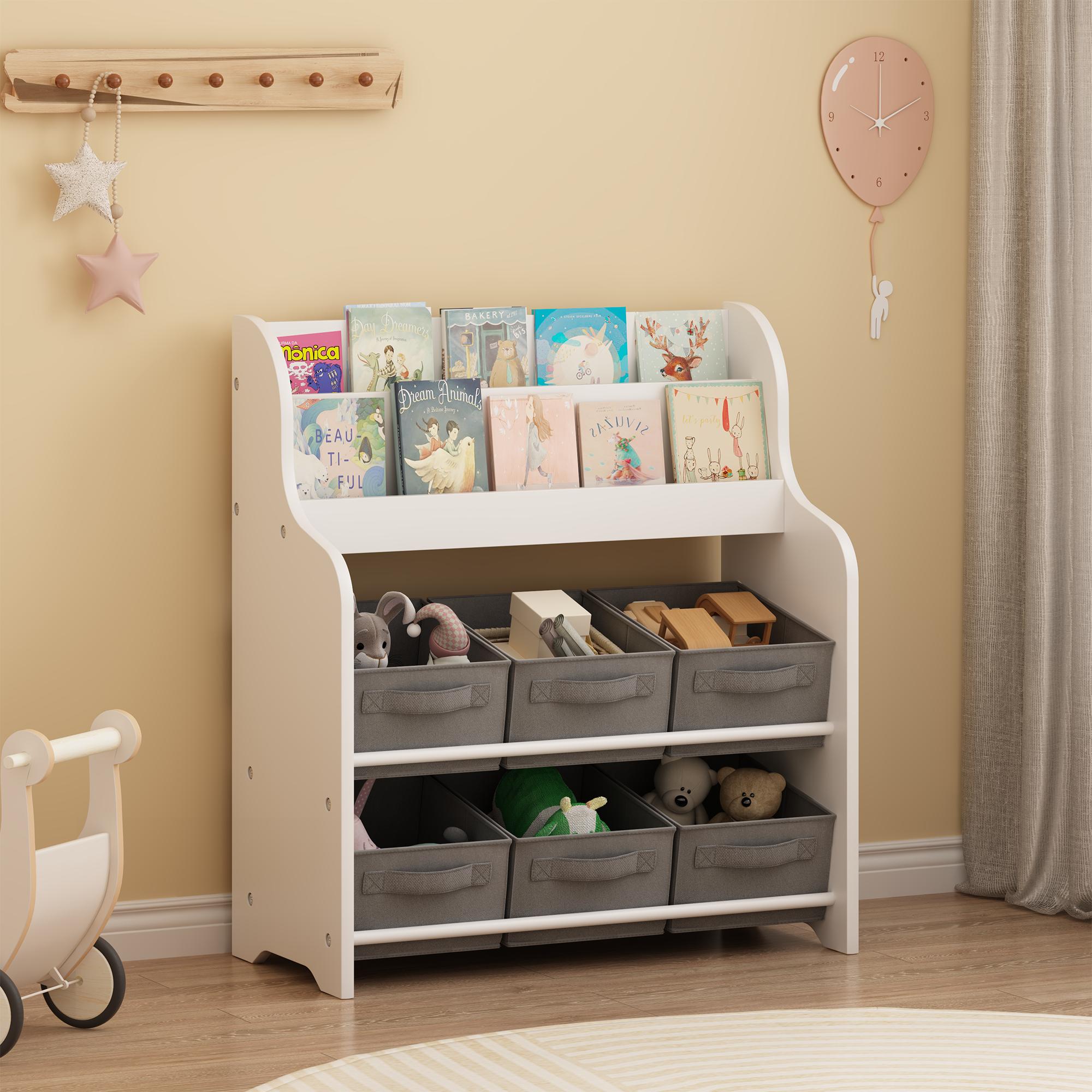 Kids Bookshelf with 6 Fabric Storage Bins, Multi-Functional Children's Bookcase and Toy Organizer, Front-Facing Display Shelf for Playroom, Bedroom or Nursery - White & Gray