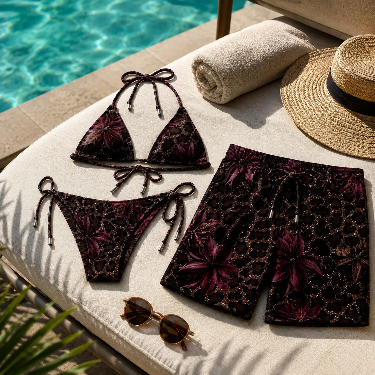 Matching Couple Swimwear Set, Burgundy Tropical Leopard Floral Bikini & Men's Beach Shorts, Vacation Honeymoon Resort Outfit, Summer Beach Gift for Hubby Wife