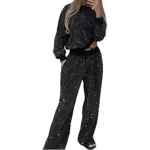 Women's Two-Piece Sequin Set - Loose Top & Wide Leg Pants with Elastic High Waisted Bling Glitter Dance Pants - Casual Fashion Design