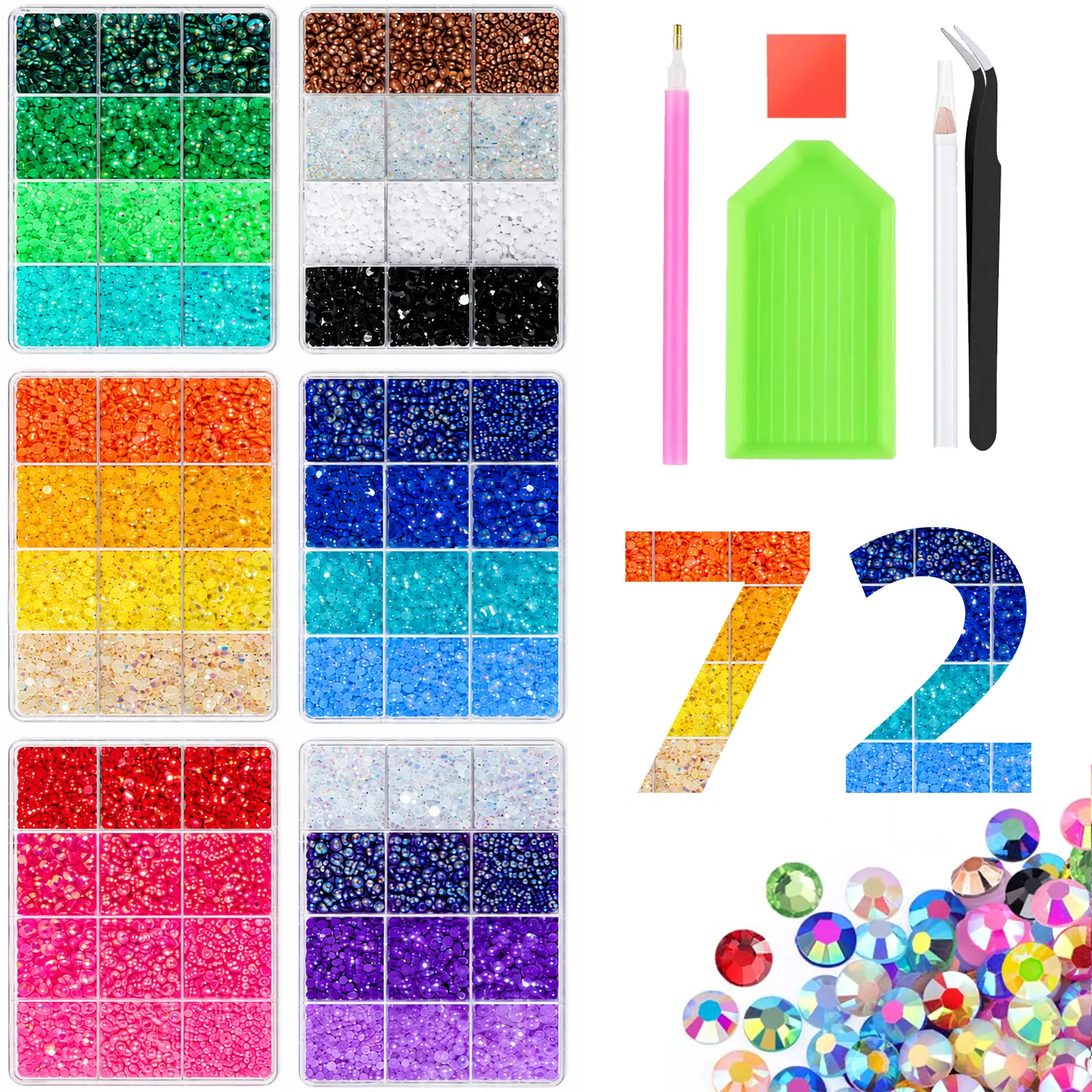 72-Color Resin Gel Rhinestone Set — 3 mm flat-back multicolored gems for dazzling effects, diamond painting, and nail art; large quantities of rhinestones suitable for crafts, makeup, and DIY decorations, includes storage box gifted tool sohochic