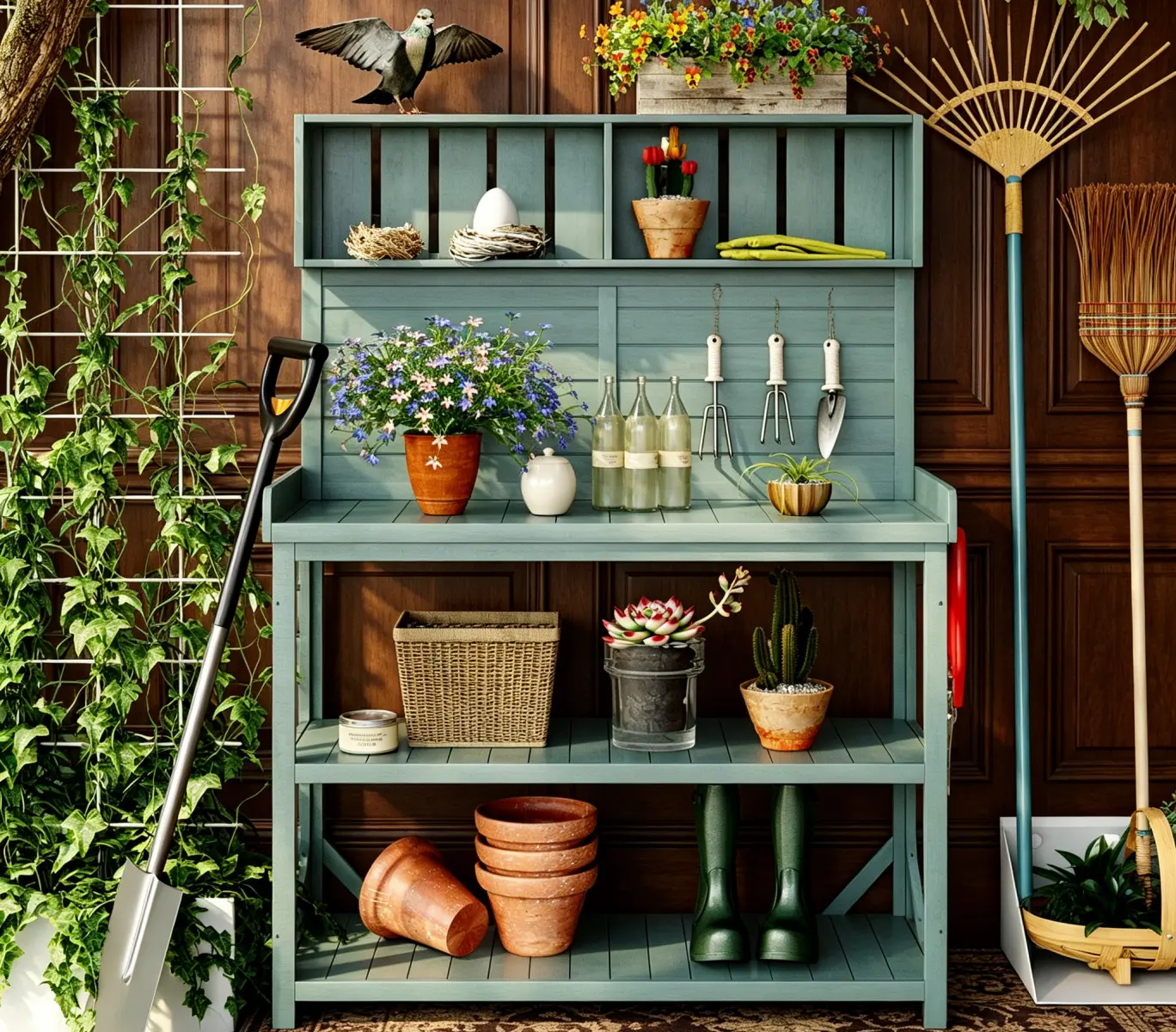Rustic Farmhouse Wooden Potting Bench - 4-Tier Storage Outdoor Garden Workstation, Outdoor Furniture Shelves