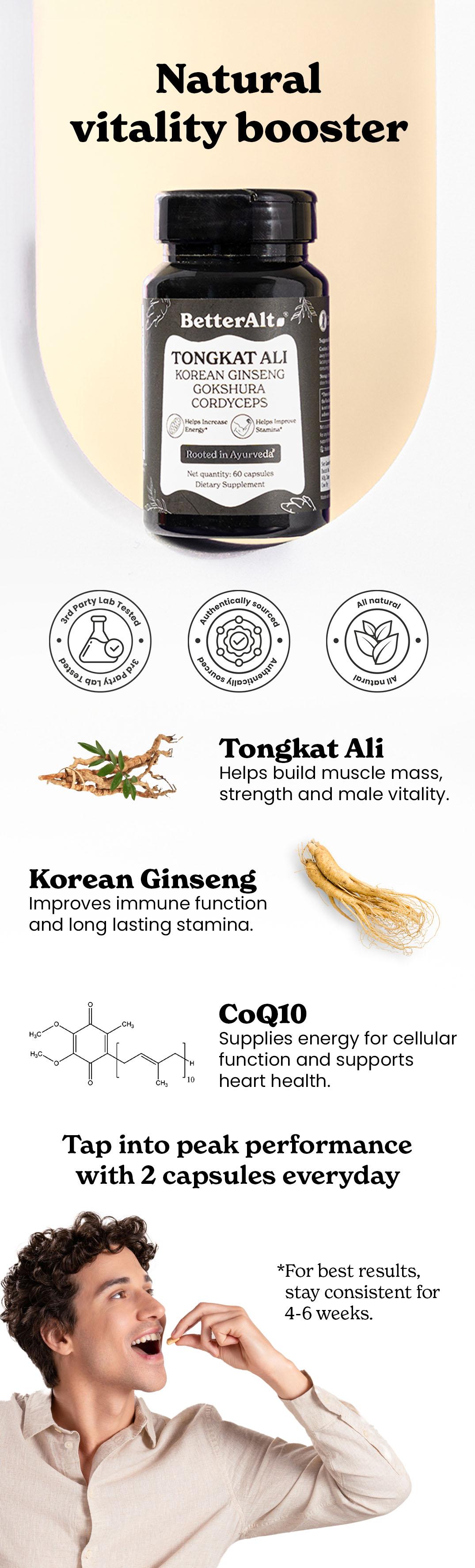 BetterAlt Male Vitality Capsules | Tongkat Ali with Ashwagandha, Cordyceps, Ginseng | 60N BetterAlt Male Vitality Capsules | Tongkat Ali with Ashwagandha, Cordyceps, Ginseng | 60N