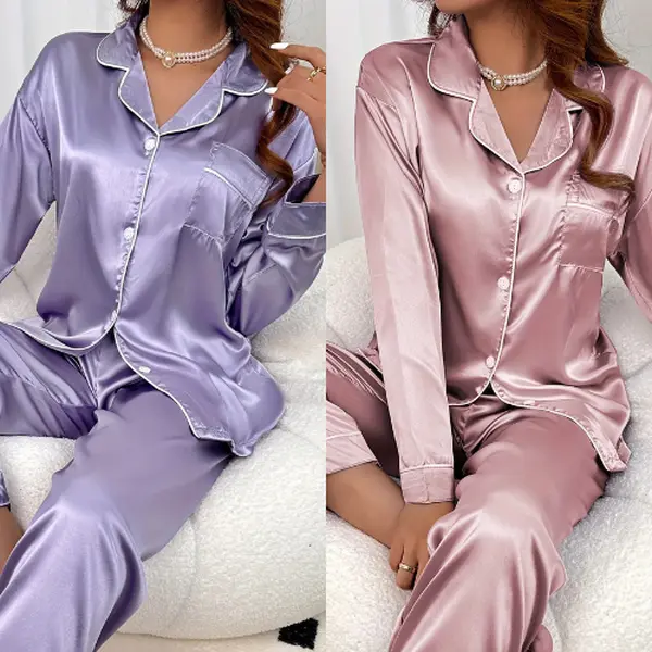 Solid Pajama Set Long Sleeve Button Up Lapel Top & Pants Pj Set Women's Sleepwear & Loungewear