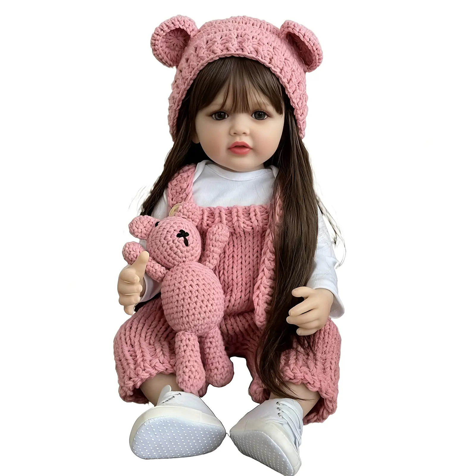 22-Inch Realistic Reborn Girl Doll, Full Vinyl Soft Body with Movable Limbs, Pink Bunny Knit Outfit, Play Toy Gift for Kids Age 3+