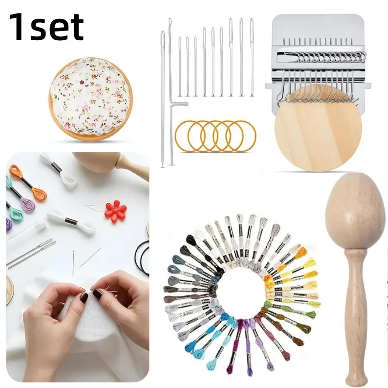 Beginner-Friendly Small Knitting Machine Tool Kit - 1 Complete Set with Loom Board, Large-Eye Needles, Handmade Thread, Diy Crafts Accessories, 1.38 x 2.76in & 2.56in Wood Pin Cushion, Distinctive Patterns Support, Knitting Supplies for Beginners