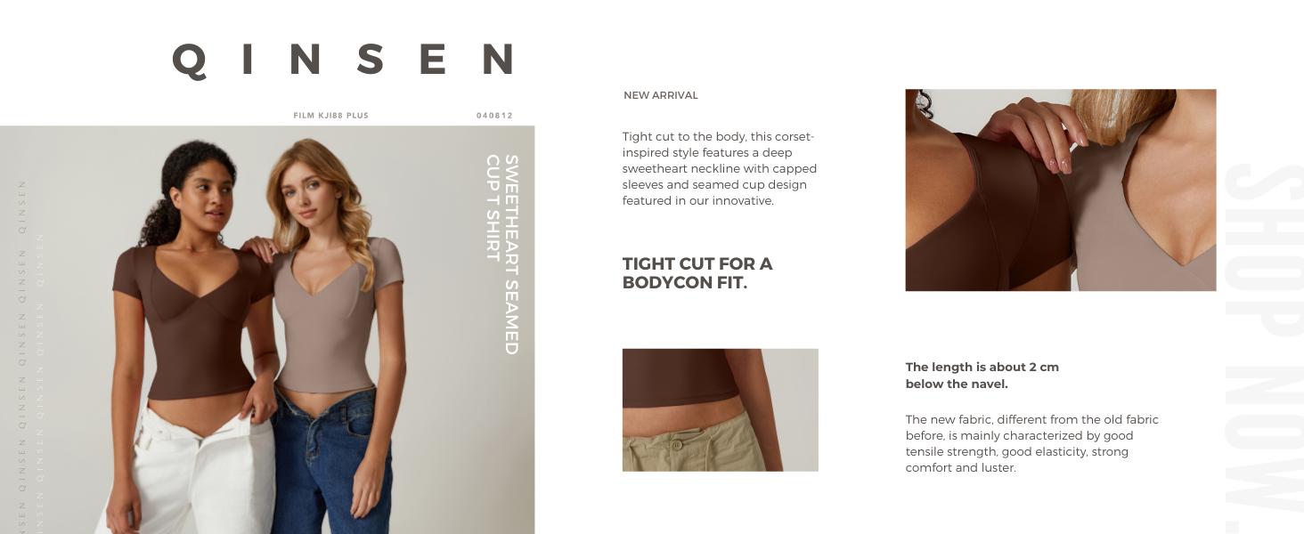 QINSEN Women's V Neck Short Sleeve T Shirts Double Lined Tee Seamed Cup Going Out Tops Comfort Fabric