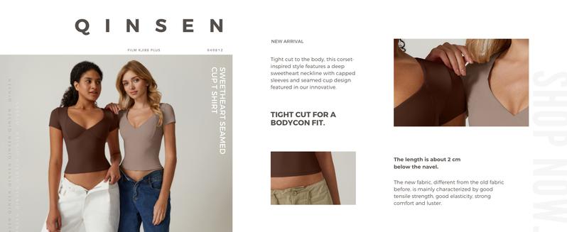 QINSEN Women's V Neck Short Sleeve T Shirts Double Lined Tee Seamed Cup Going Out Tops Comfort Fabric