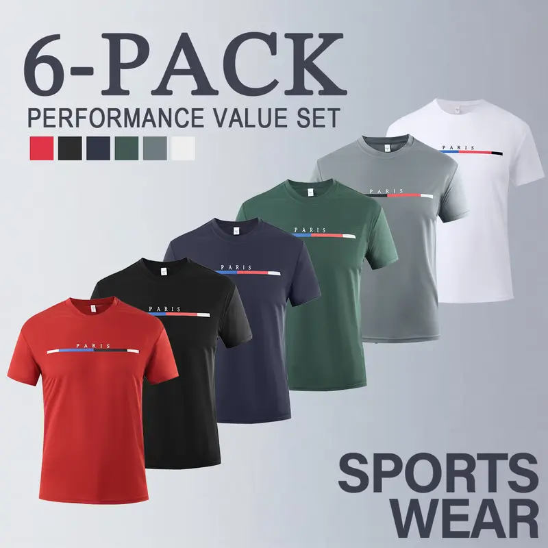 Men's Bulk 6-Pack Dry Fit Short-Sleeve Graphic Training Shirts - Lightweight, High-Performance Grid Texture, Moisture-Wicking, Breathable All-Seasons Gym & Casual Tops