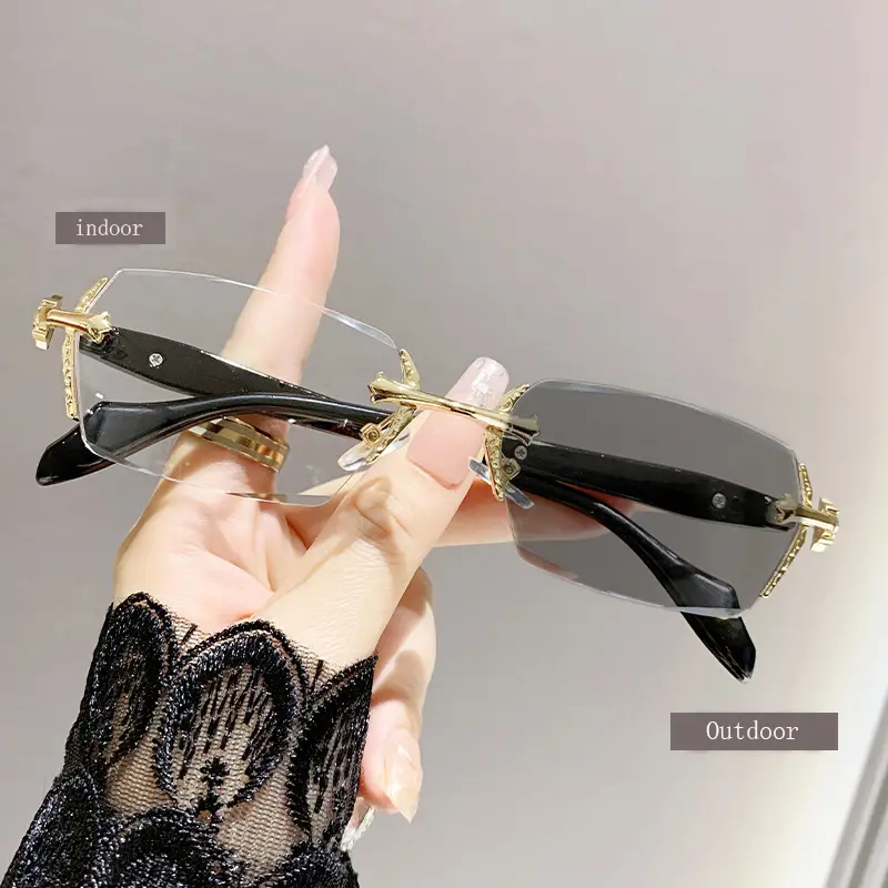 Frameless Glasses with Blue Light Blocking Photochromic - HD Clear Lenses & Sparkling Diamond-Cut Edges, Fashion Metal Temples for Women Men, Computer Gaming Readers, Daily Street Style Eyewear