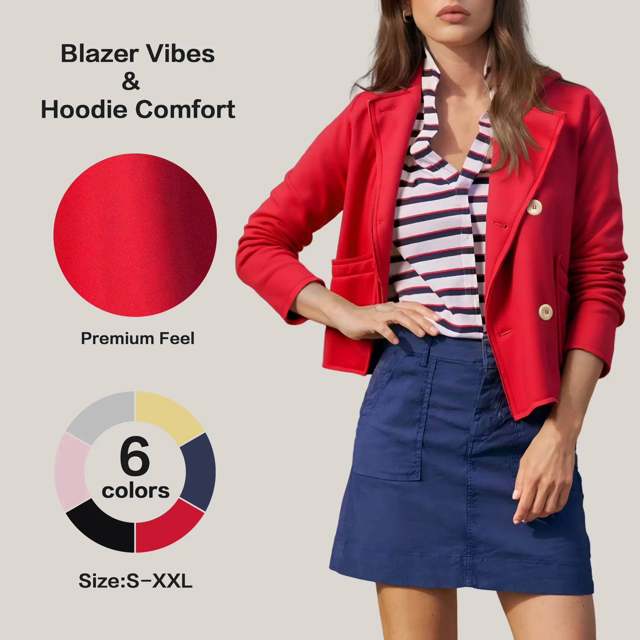 FISOEW Women's Preppy Cropped Sweatshirt Blazer, Essential Solid Fleece Jacket with Notched Lapel and Button Front for Everyday Casual Wear, Clothes, Suit, Basic, Denim, Full Sleeves, Long Sleeve
