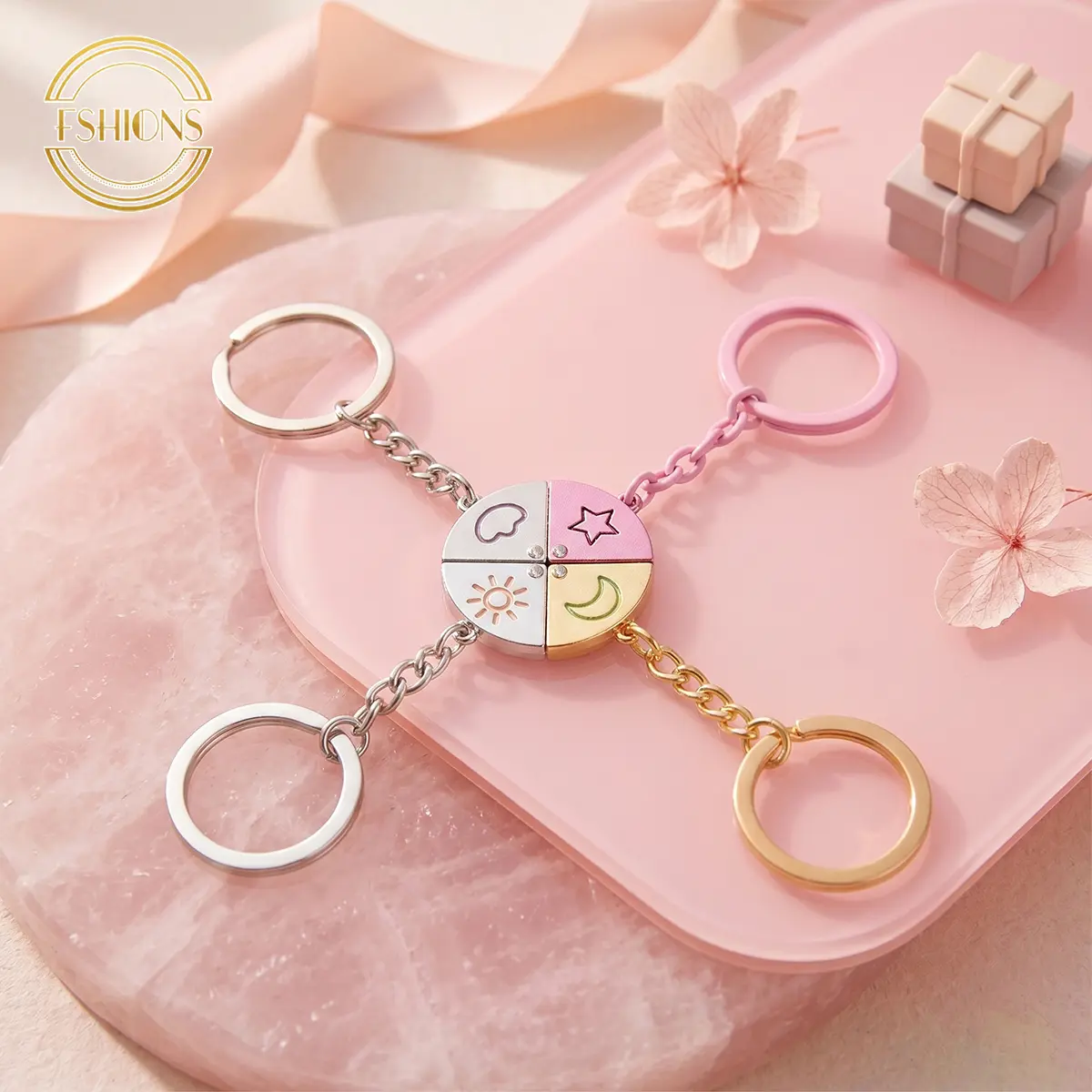 4-Piece Magnetic Matching Keychains Set, Sun Moon Star Cloud Colorful Puzzle Keyrings, Trendy Friendship Gift for Couples (Star Keychains Included)