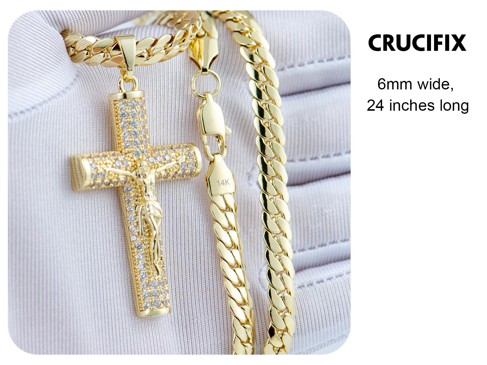 Holylegend 14K Gold-Plated Miami,Cuban & Figaro Chain with Cross,24 inches Long and 6mm Wide,High Quality,Gold Plated Necklace