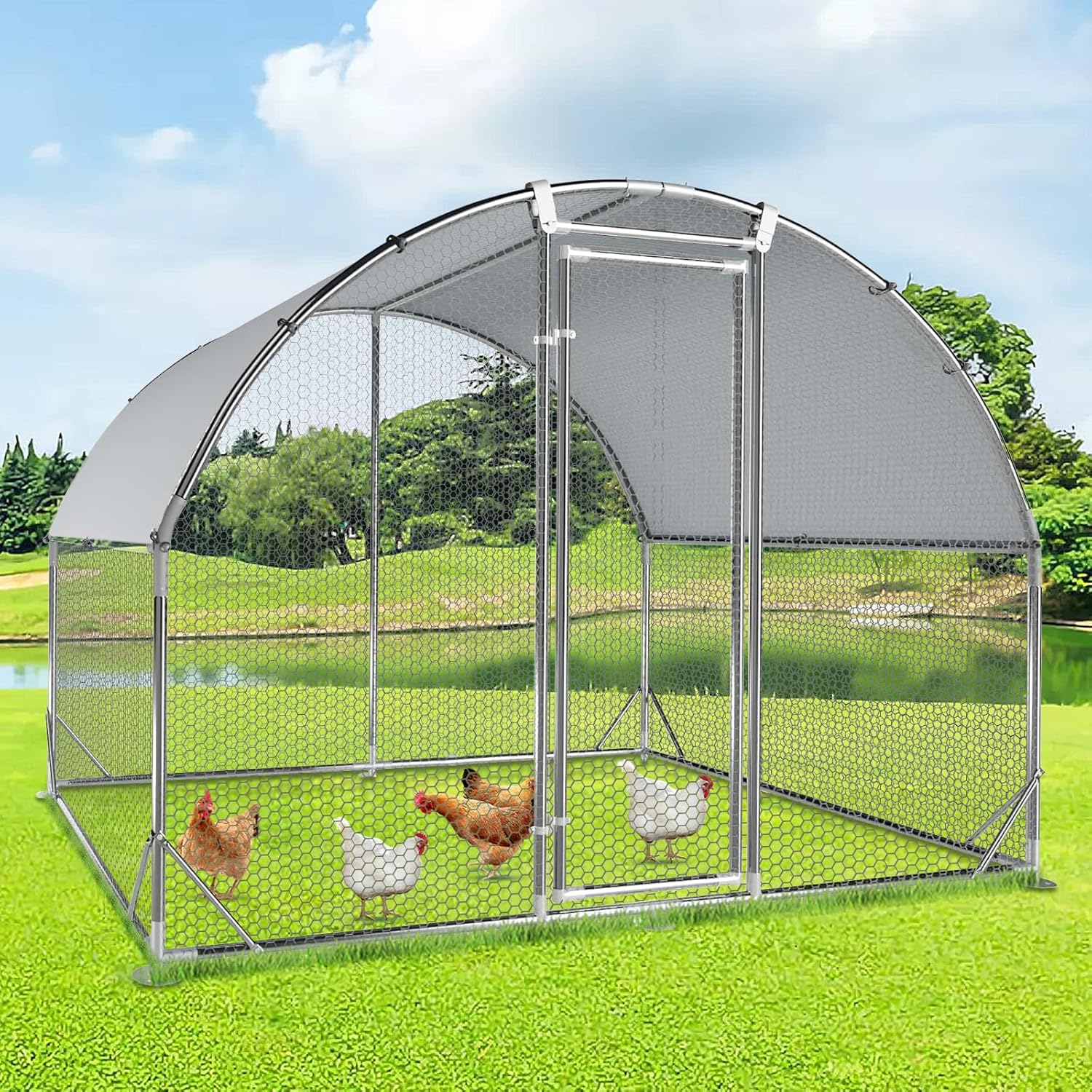 HOMBCK Large Metal Chicken Coop with Run Walk-in Poultry Cage, Spire Roofed Chicken Coops with Anti-Ultraviolet Cover for Outdoor Backyard Farm Use