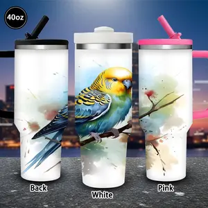 1 pc 40 oz watercolor blue and yellow parakeet artwork tumbler with lid and straw, winter insulated travel mug, gift for women and men, ideal for Valentine’s Day, Easter, birthday gifts, iced/hot coffee cup