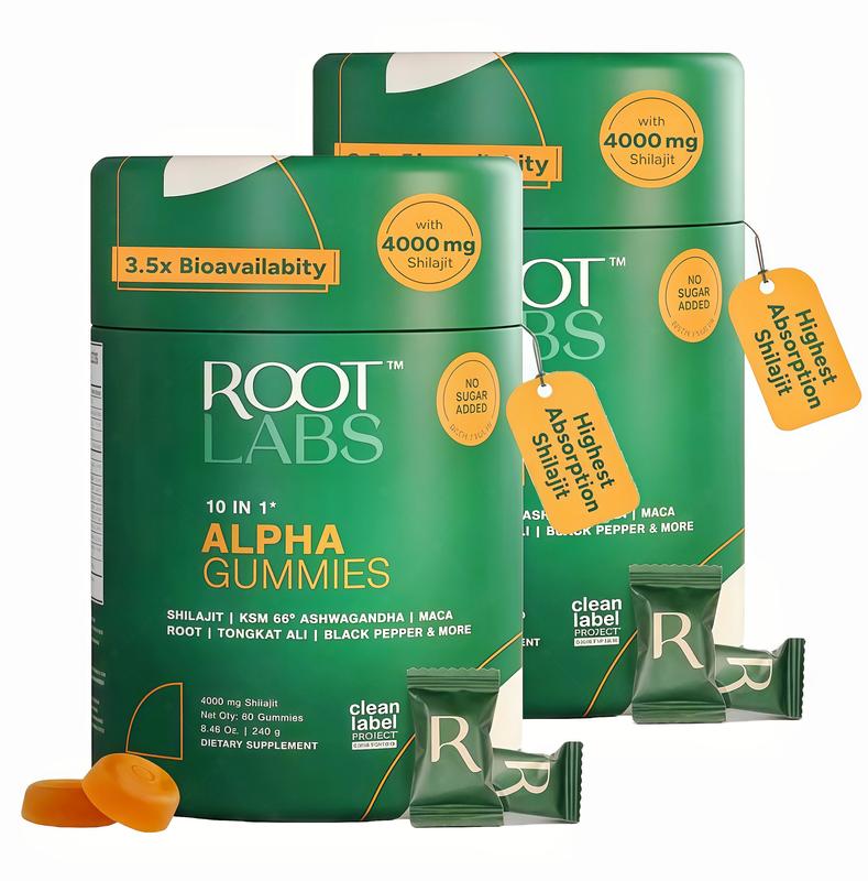 Root Labs Alpha 10-in-1 Shilaiit Gummies 4000 mg Holiday Gift QL-Ready Energy Stamina & Focus Zero Sugar KSM-66Ashwagandha,Tongkat Ali,Maca Vegan 60 Count