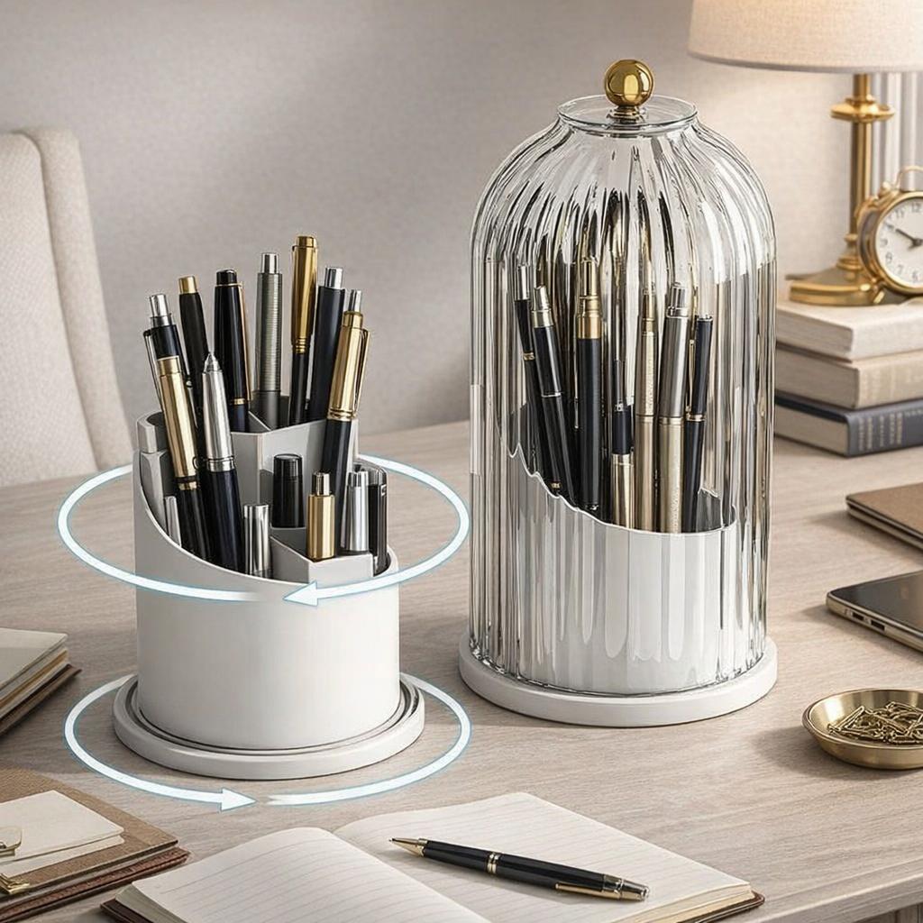 Pen Holder Organizer with Lid,360 Rotating Clear Dustproof Desk Organizer for Pens, Pencils & Office Supplies