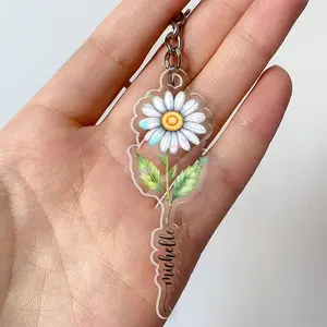 Personalized Birth Flower Keychain with Name, Custom Acrylic Floral Keyring, Birthday Month Flower Gift, Custom Name Keychain Gift for Her