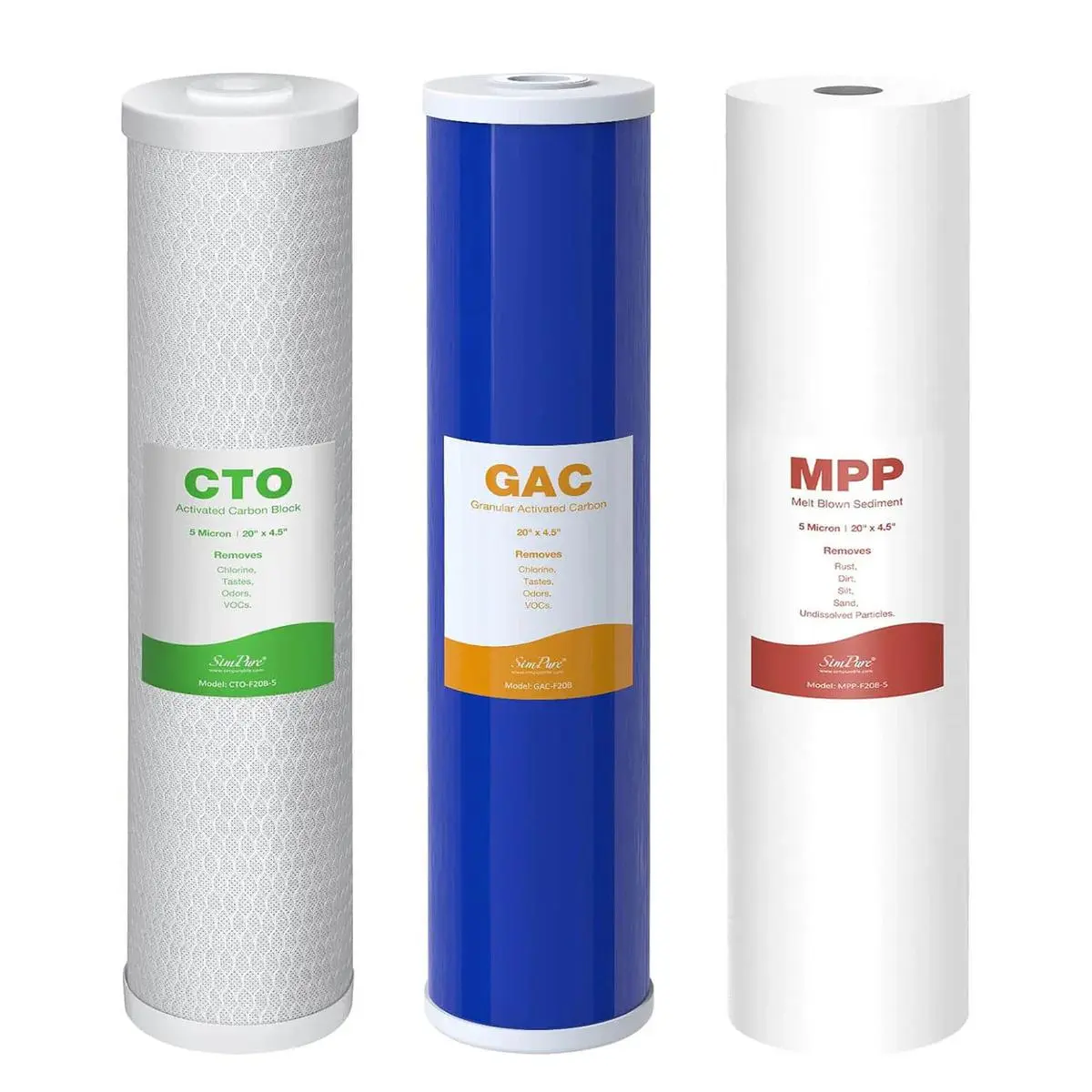 SimPure 3-Stage 20"x4.5" Whole House Water Filter Cartridge Replacement Set for Home Appliances, 5 Micron Sediment-GAC-KDF-CTO Activated Carbon Filters (6 Months Lifespan), Fits DB20P DGD-5005-20 EP20-BB, ANSI-Tested for Heavy Metal & Chlorine Reduction,