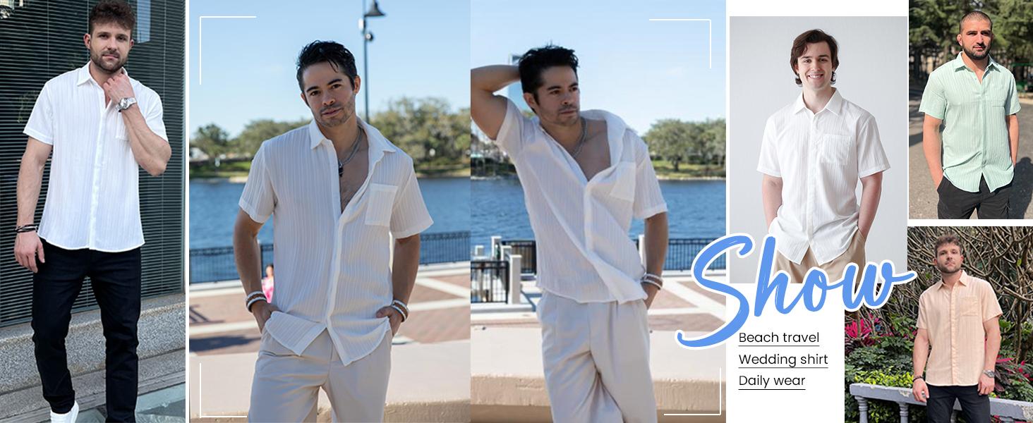 Coofandy Men's Casual Button Down Shirt - Navy Blue Textured Short Sleeve Fitted Collared Neck Summer Beach Top for Men - Canvas