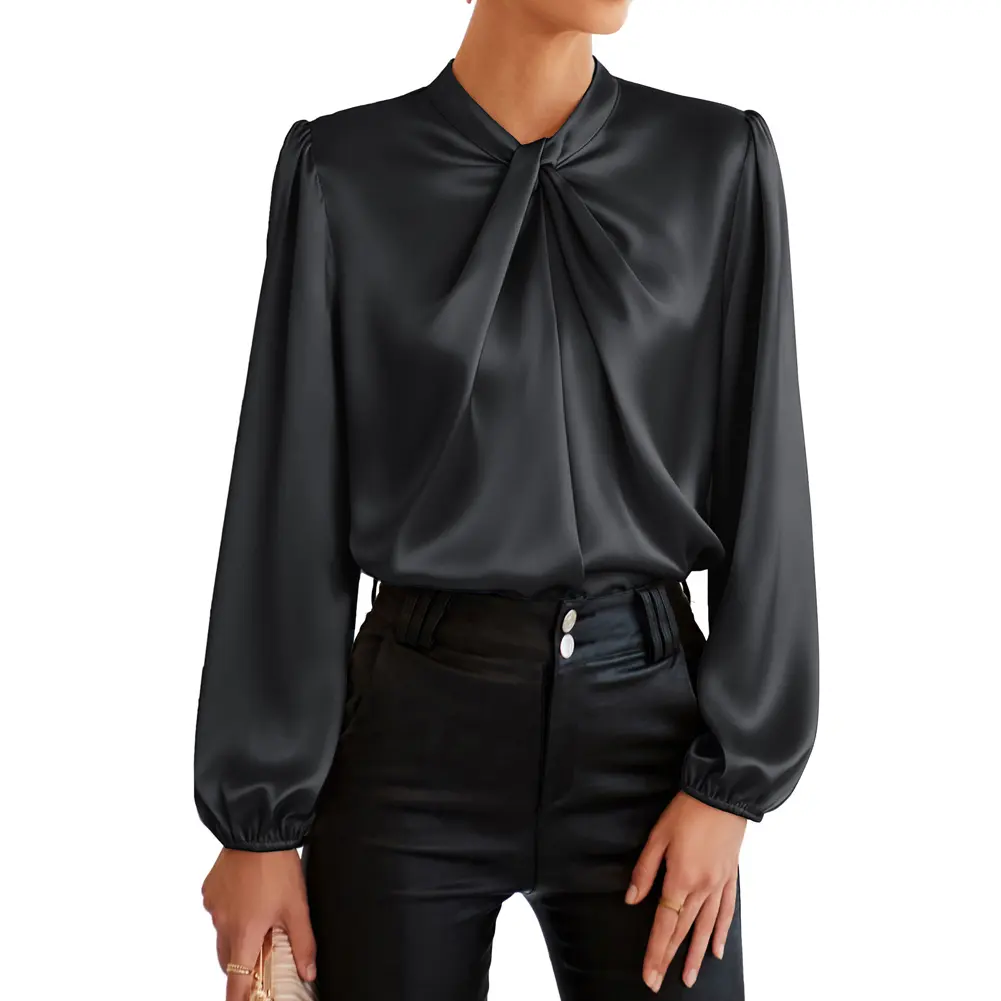 Grace Karin Women's Elegant Solid Satin Mock Neck Blouse with Lantern Sleeves, 2% Viscose Buttons, for Business Casual Office Work Attire & Going Out, All Seasons, Check Size Chart (Size: L, 2XL), Business Casual Tops, Corporate Office Wear