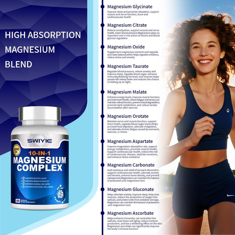 SWIYIE Magnesium Complex 1000mg Supplement with 10 Forms of Elemental Magnesium for Muscle Heart