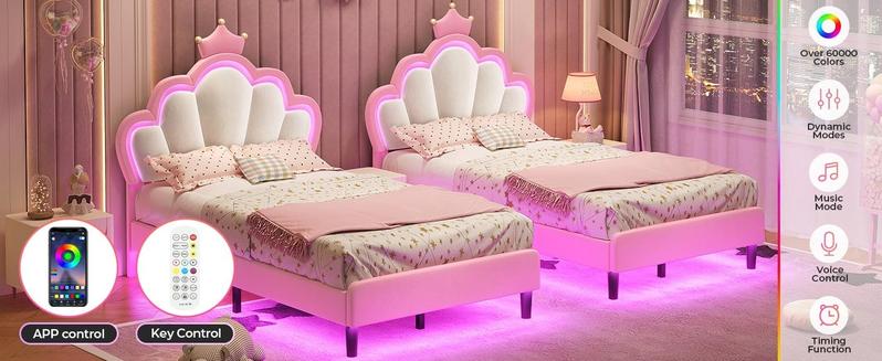 SIKAIC Girls Twin Bed Frame with Princess Crown LED Velvet Upholstered Platform Pink Adjustable Cloud Headboard Bedroom Bedframe SIKAIC Girls Twin Bed Frame with Princess Crown LED Velvet Upholstered Platform Pink Adjustable Cloud Headboard Bedroom Bedframe