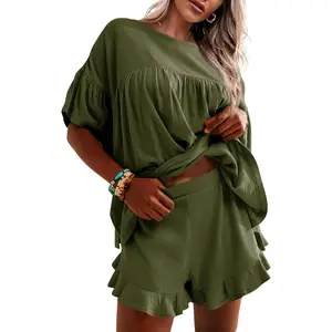 LAICIGO Womens 2 Piece Pajama Sets Vacation Outfits Ruffle Sleeve Babydoll Tops and Shorts Lounge Matching Set