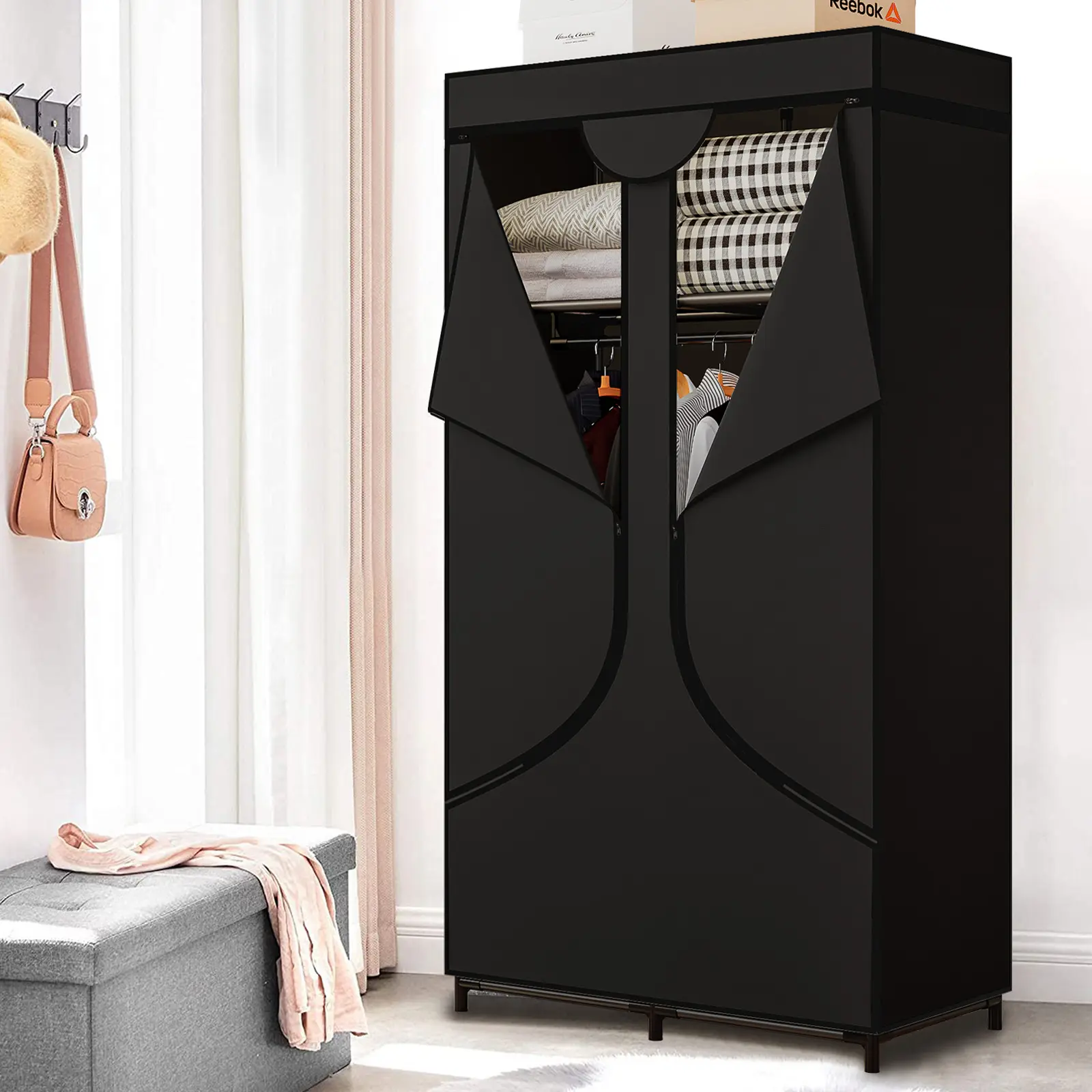 SUOERNUO Portable Closet Storage Unit - 34.6" Long Dustproof Non-Woven Fabric Organizer, Single Unit Wardrobe Storage with Clothes Hanging Rack, High Stability Modular Assembly Required Home Organizer for Bedroom, Wardrobe Storage Unit, Stand Alone Wardro