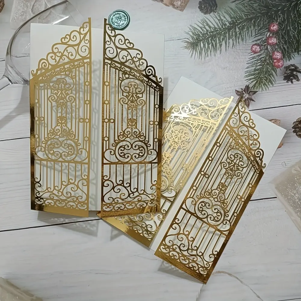 40pieces of"Happy Door"laser-cut golden red wine-colored door-shaped wedding invitations, decorative cards, Greeting cards - scrollstyledesign for wedding, anniversary invitations | Luxury card design | Wedding decorations