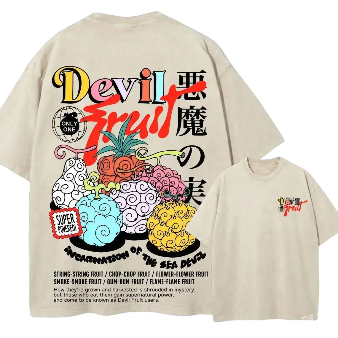 Men's Soft Oversized Short-Sleeve Vintage Acid Wash Devil Fruit Anime Graphic Tee, Casual Menswear Unisex T-Shirt Retro Manga Merch