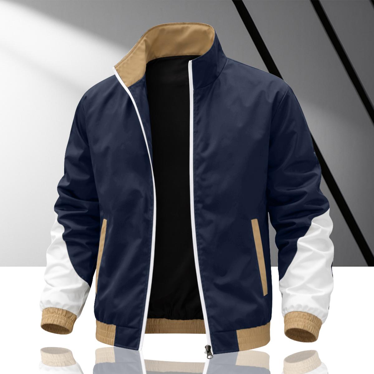 Men's colorblock patchwork jacket, windproof stand collar jacket design, durable fabric, suitable for sports and casual wear, skateboarding, street style, daily outings, campus life, commuter fit