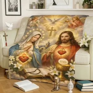 Sacred Hearts of Jesus & Virgin Mary Flannel Blanket Soft Cozy Plush Throw Perfect Catholic Devotional Gift Warm Snuggle Blanket for Bedroom Prayer Space Holy Spirit Cross Religious Art Design