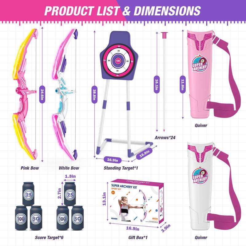 2 Pack Bow and Arrow for Kids, LED Light Up Archery Set with 24 Suction Cup Arrows, 2 Hanging Targets, 6 Score Targets & 2 Quiver,Sport Gifts for Girls，Christmas and Birthday Gifts