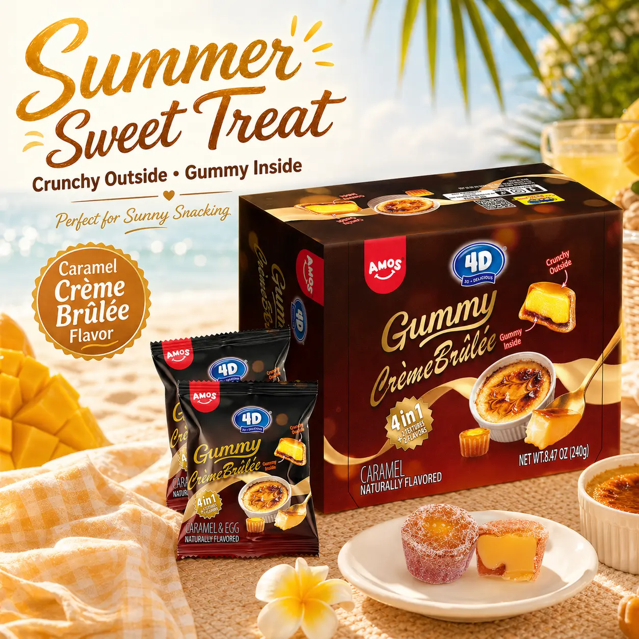 Amos 4D Caramel Gummy – Caramel Flavored Chewy Gummies, Crème Brûlée Tastes, Pudding Gummies, Soft Chewy Candy Bites, 8.47 oz (240 g) Bag