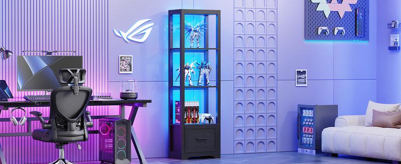 BROTTAR Display Shelf with 3 Color Lights, Curio Cabinet for Collectibles with Drawer, Display Case with Human Body Sensor, Black